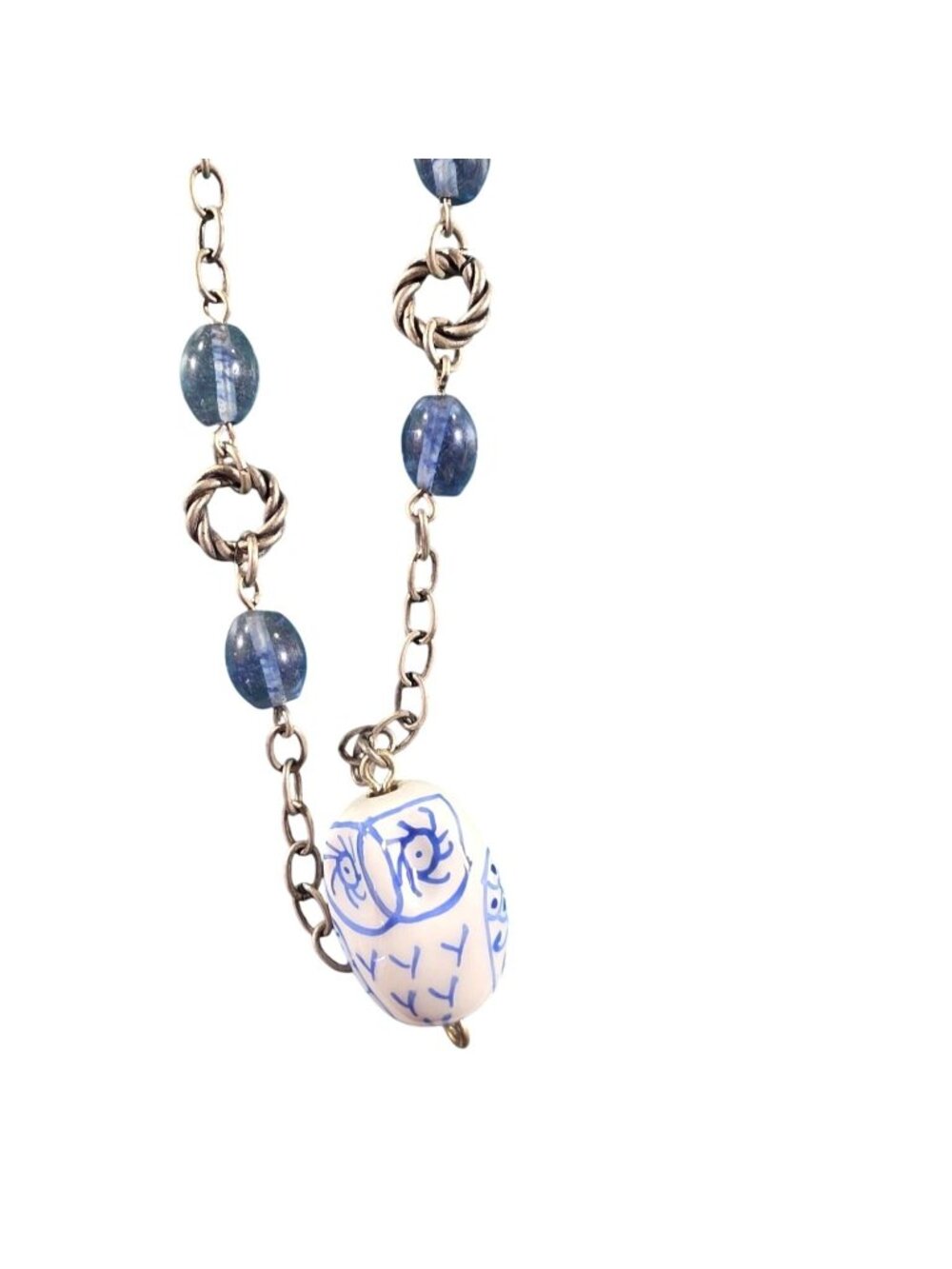Hand-Painted Owl Pendant Necklace Blue Beads boho women's fashion jewelry